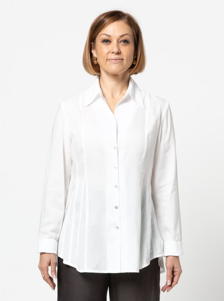 Celeste Woven Shirt By Style Arc - Designer panelled shirt with inserts, shirt collar and long sleeves