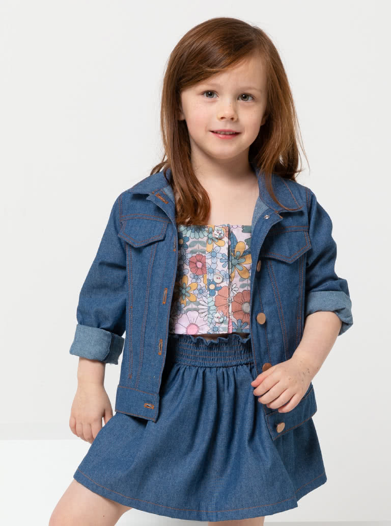 Charlie Kids Jacket By Style Arc - Panelled denim jacket with front in seam pocket, optional hood, and contrast collar, for kids 2 - 8