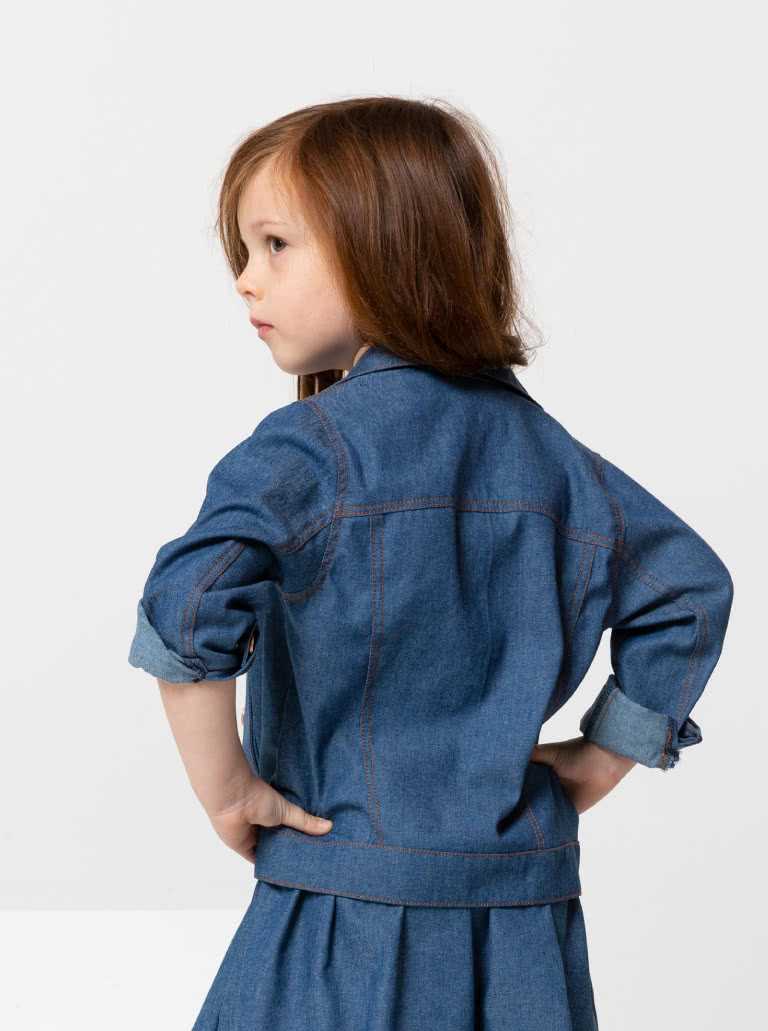 Charlie Kids Jacket By Style Arc - Panelled denim jacket with front in seam pocket, optional hood, and contrast collar, for kids 2 - 8