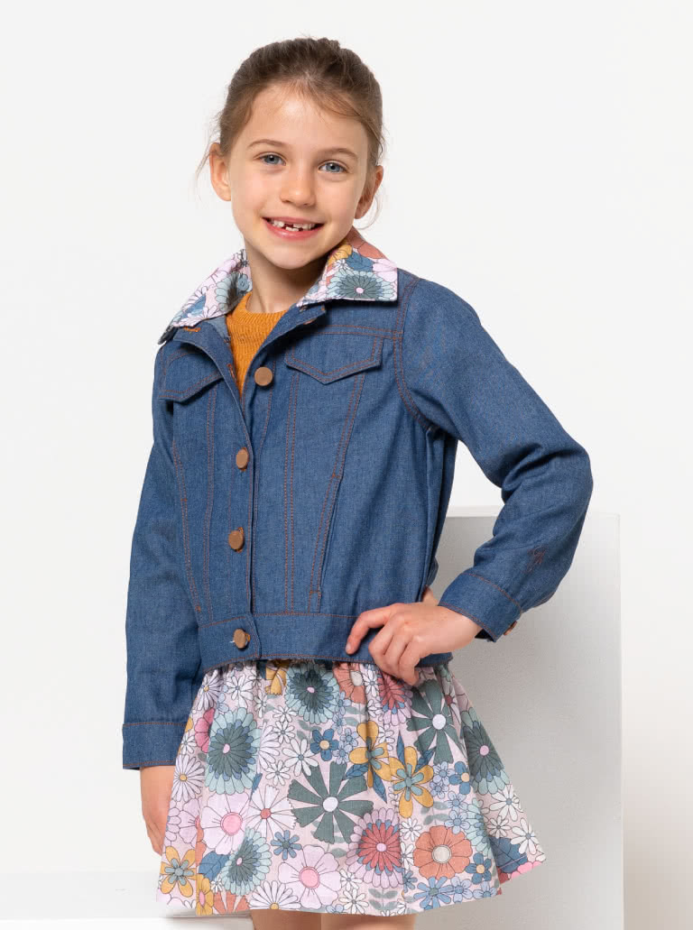 Charlie Kids Jacket By Style Arc - Panelled denim jacket with front in seam pocket, optional hood, and contrast collar, for kids 2 - 8