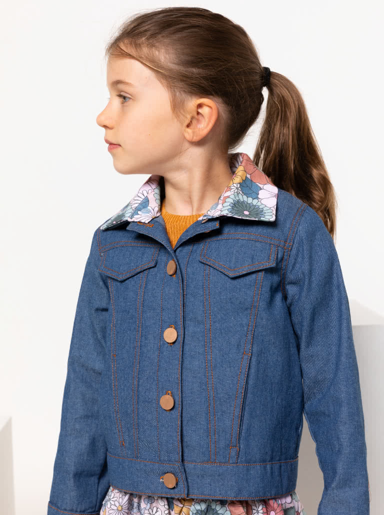 Charlie Kids Jacket By Style Arc - Panelled denim jacket with front in seam pocket, optional hood, and contrast collar, for kids 2 - 8