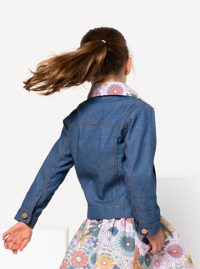 Charlie Kids Jacket By Style Arc - Panelled denim jacket with front in seam pocket, optional hood, and contrast collar, for kids 2 - 8