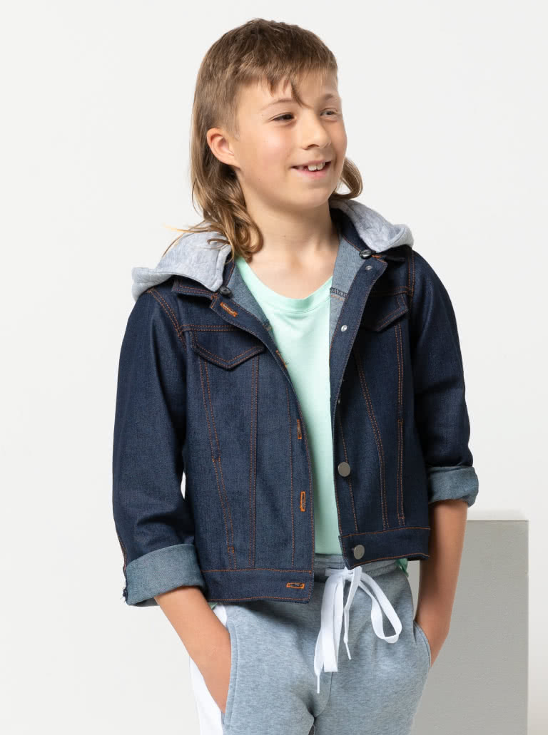 Charlie Kids Jacket By Style Arc - Panelled denim jacket with front in seam pocket, optional hood, and contrast collar, for kids 2 - 8