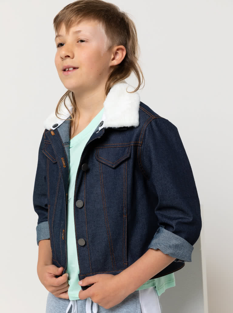 Charlie Teens Jacket By Style Arc - Panelled denim jacket with front in seam pocket, optional hood, and contrast collar, for teens 8 -16