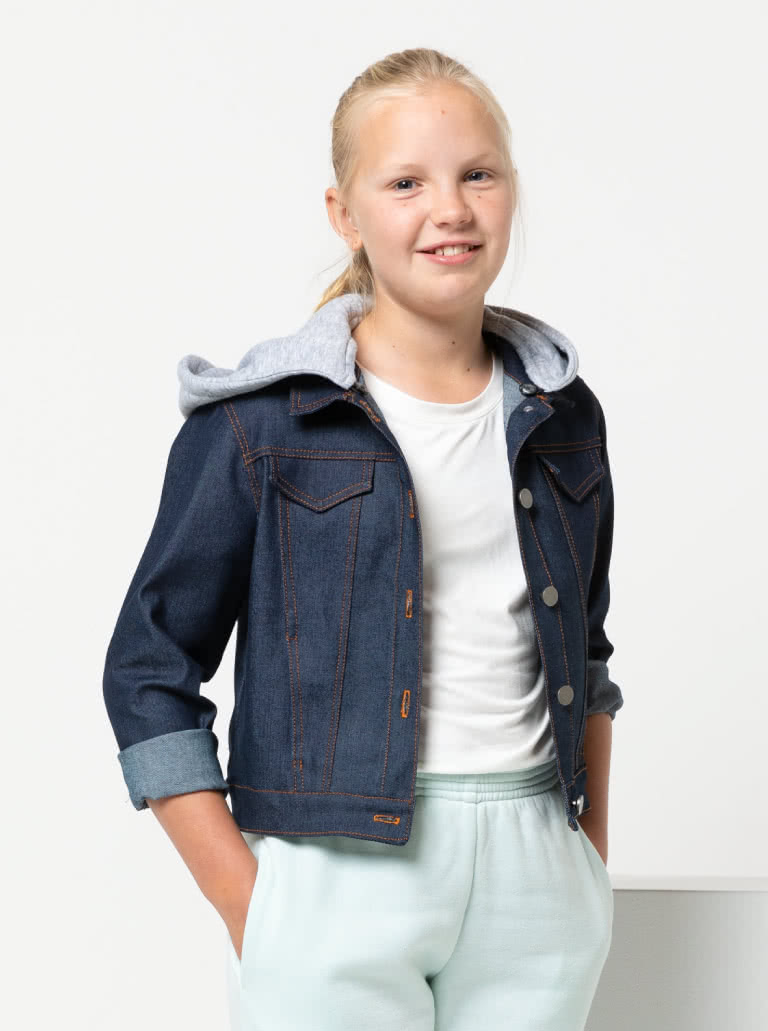 Charlie Teens Jacket By Style Arc - Panelled denim jacket with front in seam pocket, optional hood, and contrast collar, for teens 8 -16