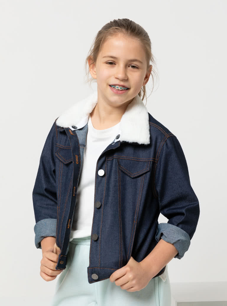 Charlie Teens Jacket By Style Arc - Panelled denim jacket with front in seam pocket, optional hood, and contrast collar, for teens 8 -16