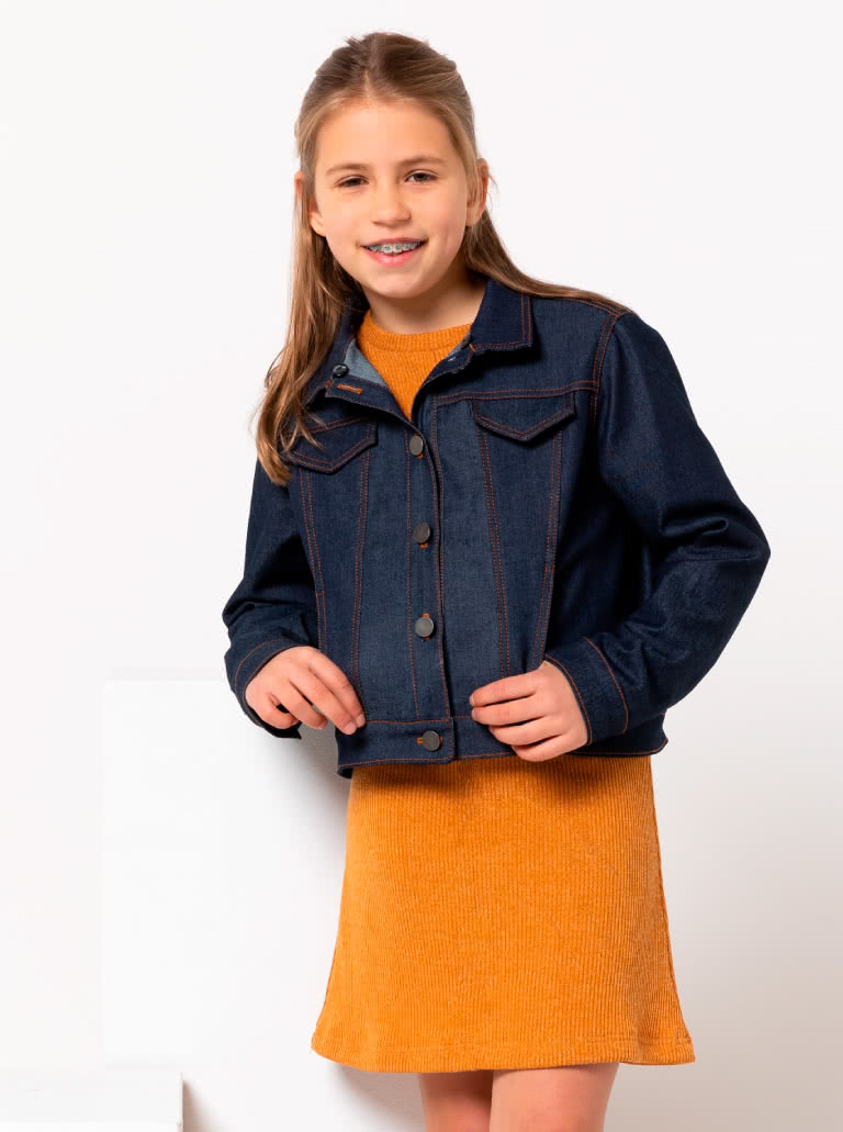 Charlie Teens Jacket By Style Arc - Panelled denim jacket with front in seam pocket, optional hood, and contrast collar, for teens 8 -16