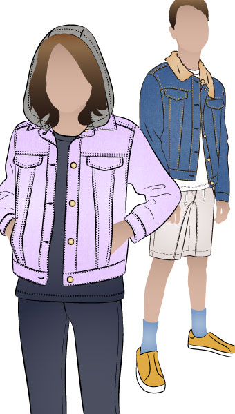 Charlie Teens Jacket By Style Arc - Panelled denim jacket with front in seam pocket, optional hood, and contrast collar, for teens 8 -16