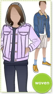 Charlie Teens Jacket By Style Arc - Panelled denim jacket with front in seam pocket, optional hood, and contrast collar, for teens 8 -16