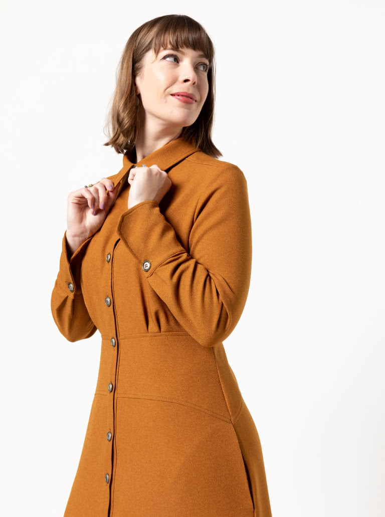 Christina Woven Dress By Style Arc - Button through long sleeved shirt maker dress featuring a mid-body fitted yoke