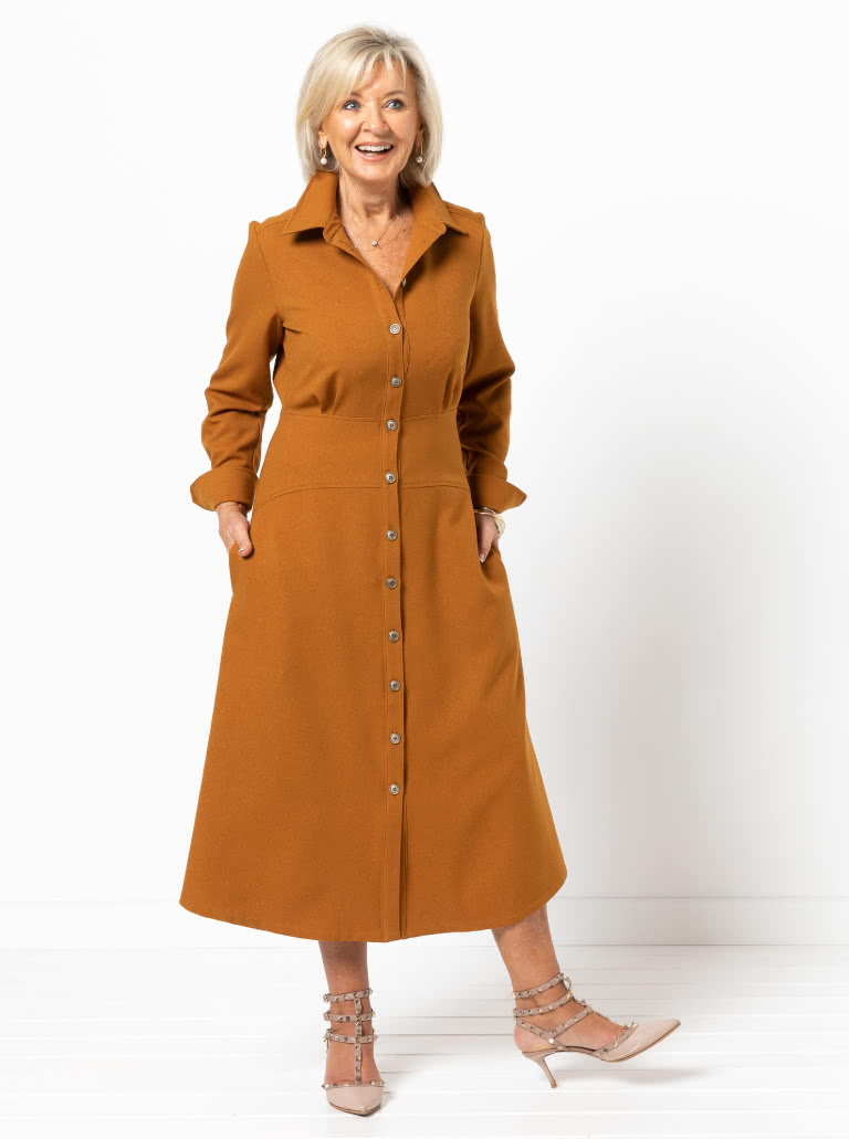 Christina Woven Dress By Style Arc - Button through long sleeved shirt maker dress featuring a mid-body fitted yoke