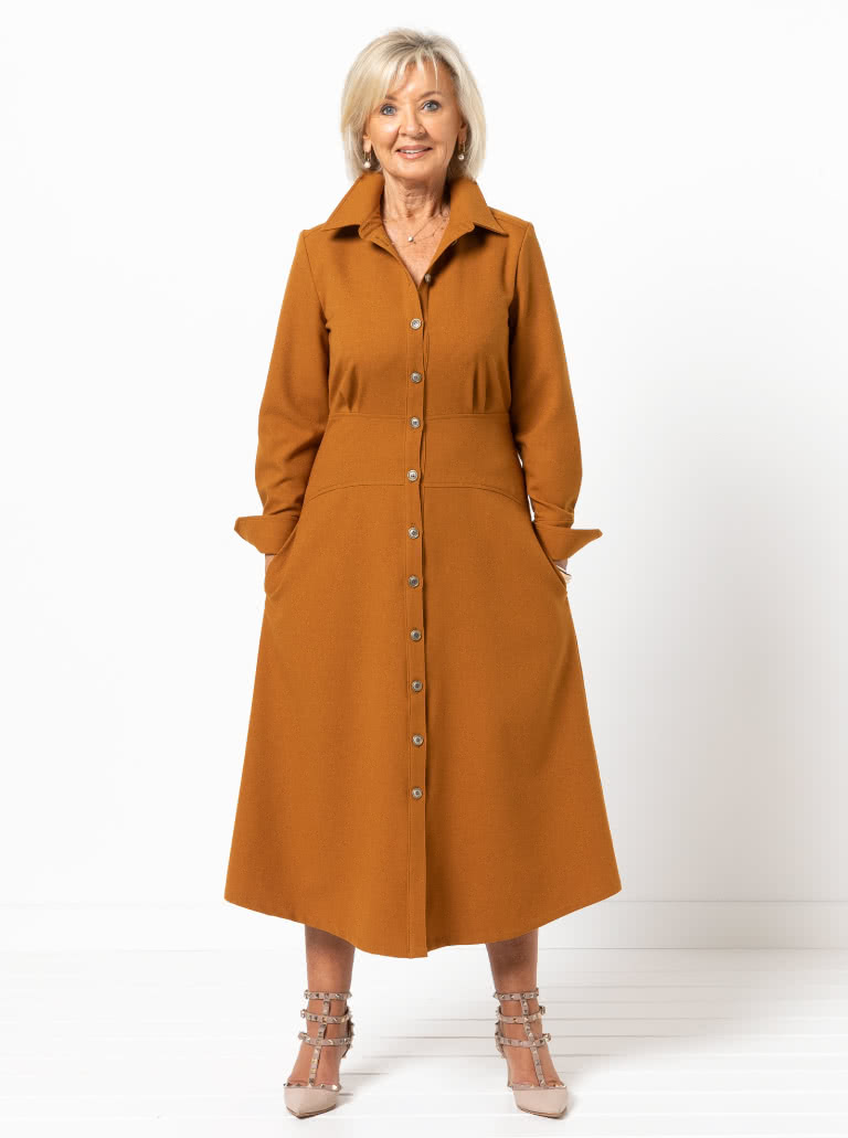 Christina Woven Dress By Style Arc - Button through long sleeved shirt maker dress featuring a mid-body fitted yoke