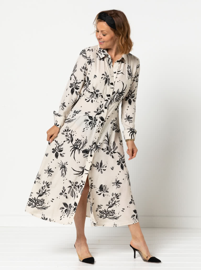 Christina Woven Dress By Style Arc - Button through long sleeved shirt maker dress featuring a mid-body fitted yoke