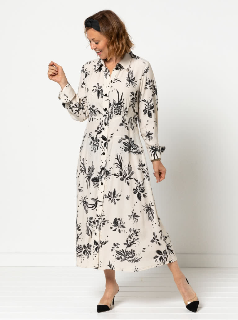 Christina Woven Dress By Style Arc - Button through long sleeved shirt maker dress featuring a mid-body fitted yoke