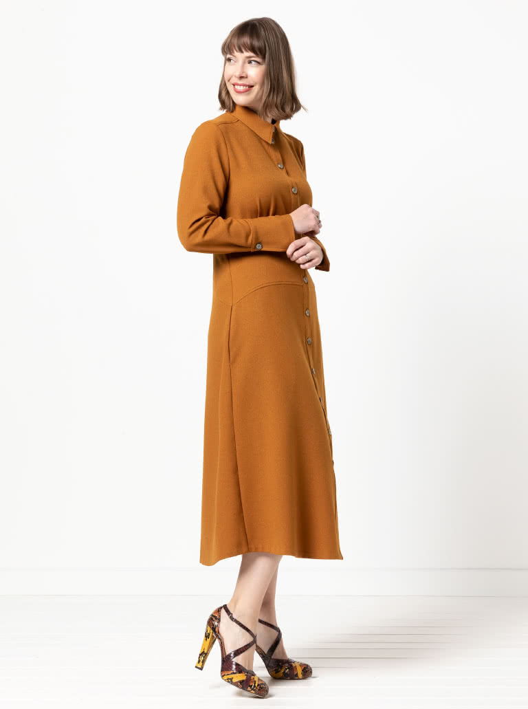 Christina Woven Dress By Style Arc - Button through long sleeved shirt maker dress featuring a mid-body fitted yoke