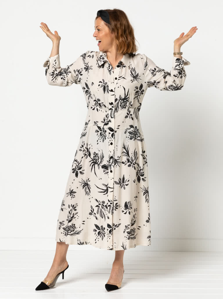 Christina Woven Dress By Style Arc - Button through long sleeved shirt maker dress featuring a mid-body fitted yoke