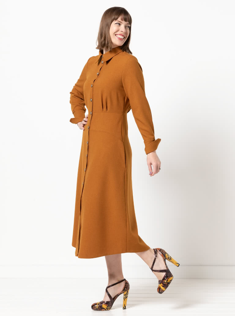 Christina Woven Dress By Style Arc - Button through long sleeved shirt maker dress featuring a mid-body fitted yoke
