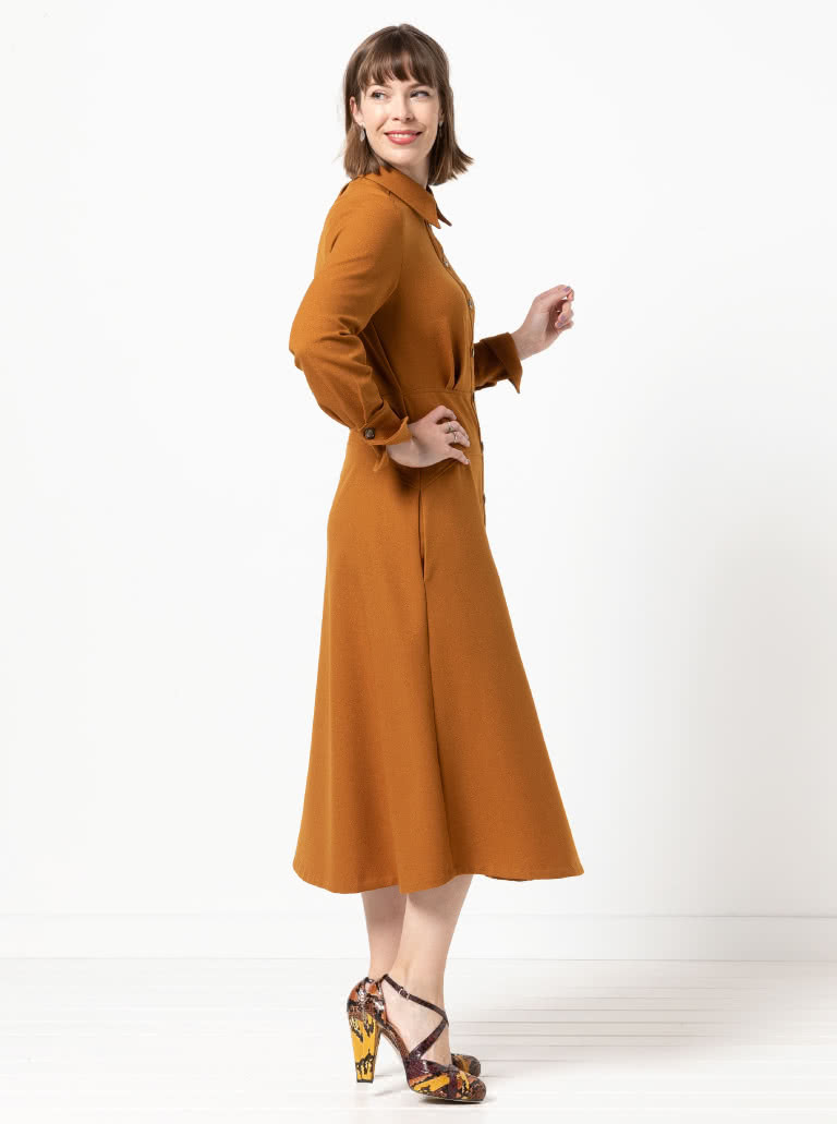 Christina Woven Dress By Style Arc - Button through long sleeved shirt maker dress featuring a mid-body fitted yoke