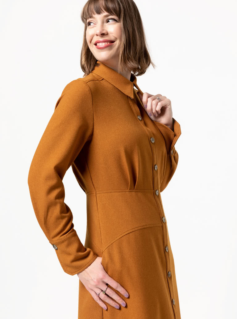 Christina Woven Dress By Style Arc - Button through long sleeved shirt maker dress featuring a mid-body fitted yoke