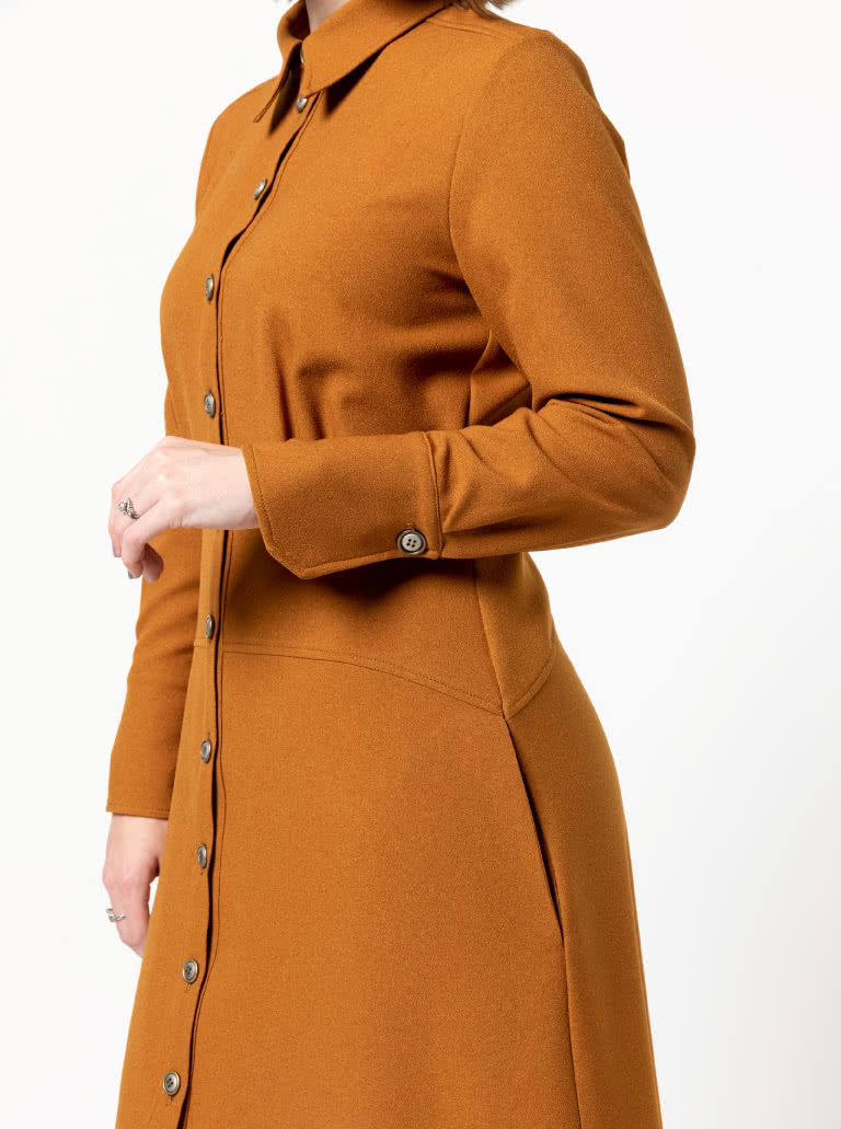 Christina Woven Dress By Style Arc - Button through long sleeved shirt maker dress featuring a mid-body fitted yoke