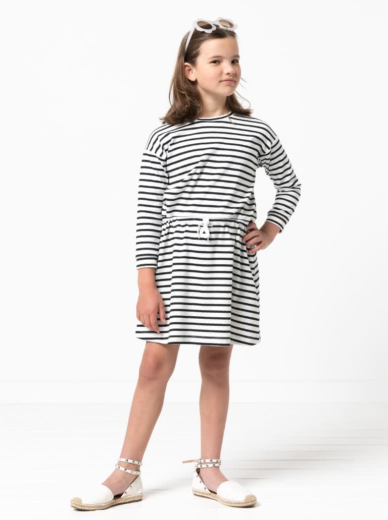 Clara Kids Knit Dress By Style Arc - Knit dress with elastic waist with tie, full length sleeves, for kids 2 - 8