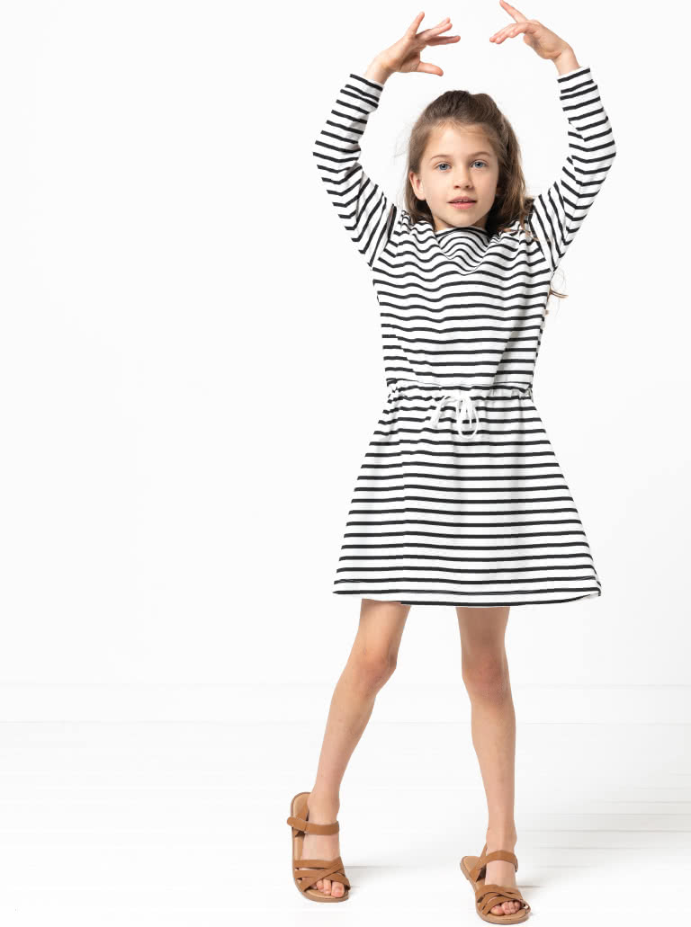 Clara Kids Knit Dress By Style Arc - Knit dress with elastic waist with tie, full length sleeves, for kids 2 - 8