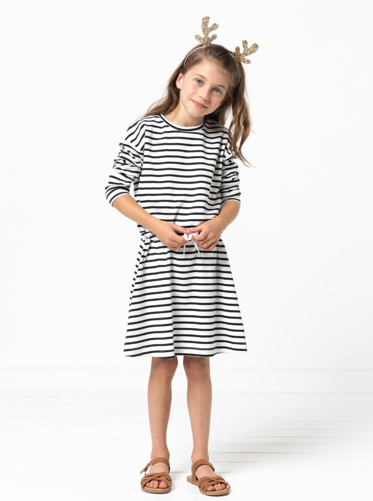 Clara Kids Knit Dress By Style Arc - Knit dress with elastic waist with tie, full length sleeves, for kids 2 - 8