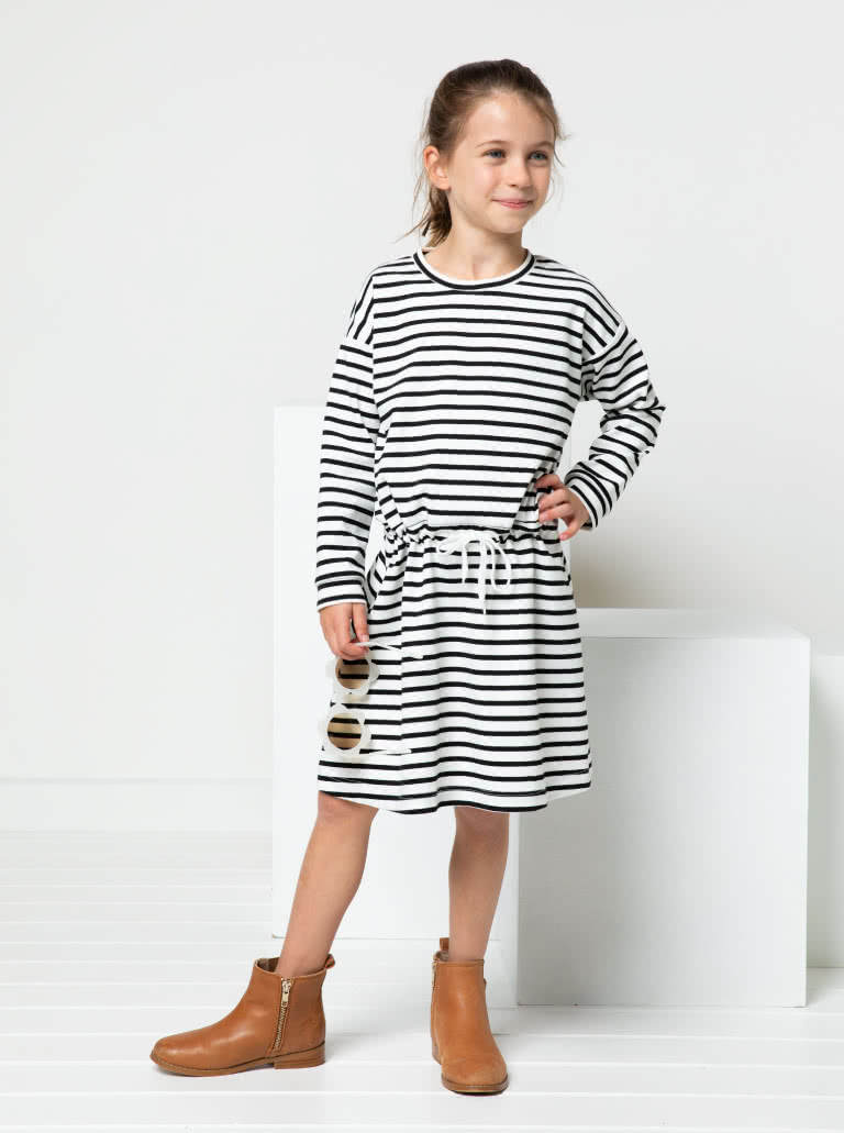 Clara Kids Knit Dress By Style Arc - Knit dress with elastic waist with tie, full length sleeves, for kids 2 - 8