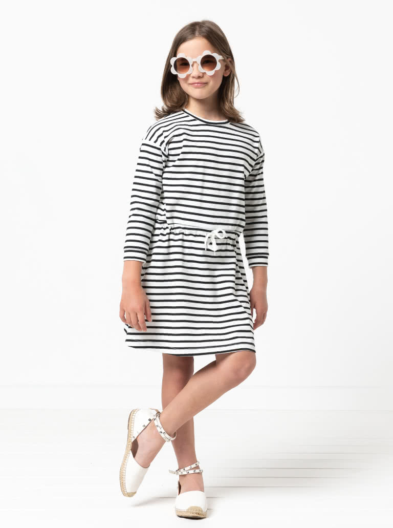 Clara Kids Knit Dress By Style Arc - Knit dress with elastic waist with tie, full length sleeves, for kids 2 - 8