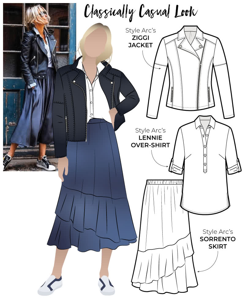 Classically Casual Look Sewing Pattern Bundle By Style Arc - In this chic discount outfit bundle you will recieve the timeless styles the Sorrento skirt, Lennie Over shirt and Ziggi Jacket top make this Classically Casual look.