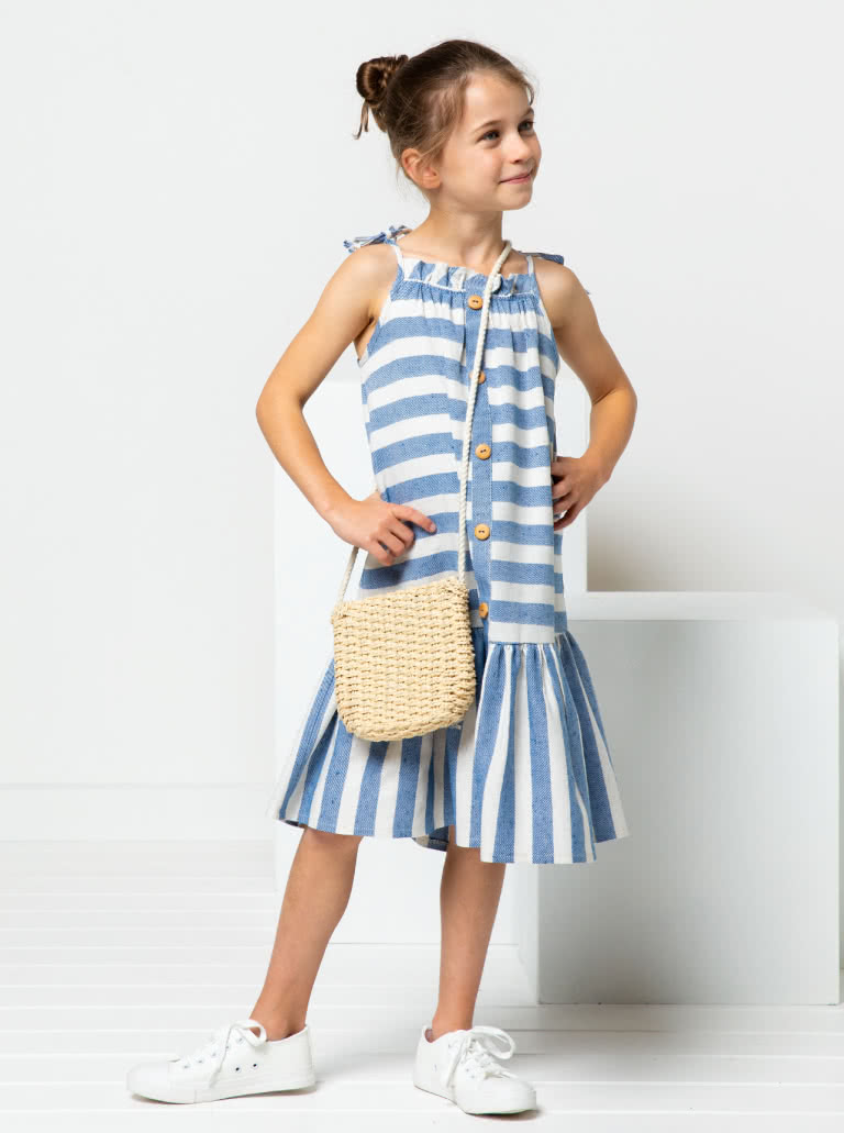 Claudia Kids Dress By Style Arc - A-line swing dress with spaghetti strap ties and hem frill, for kids 2-8