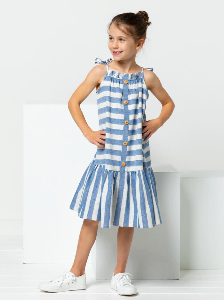 Claudia Kids Dress By Style Arc - A-line swing dress with spaghetti strap ties and hem frill, for kids 2-8