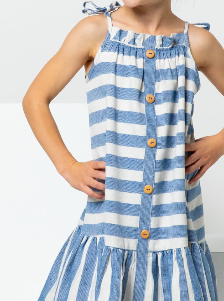 Claudia Kids Dress By Style Arc - A-line swing dress with spaghetti strap ties and hem frill, for kids 2-8