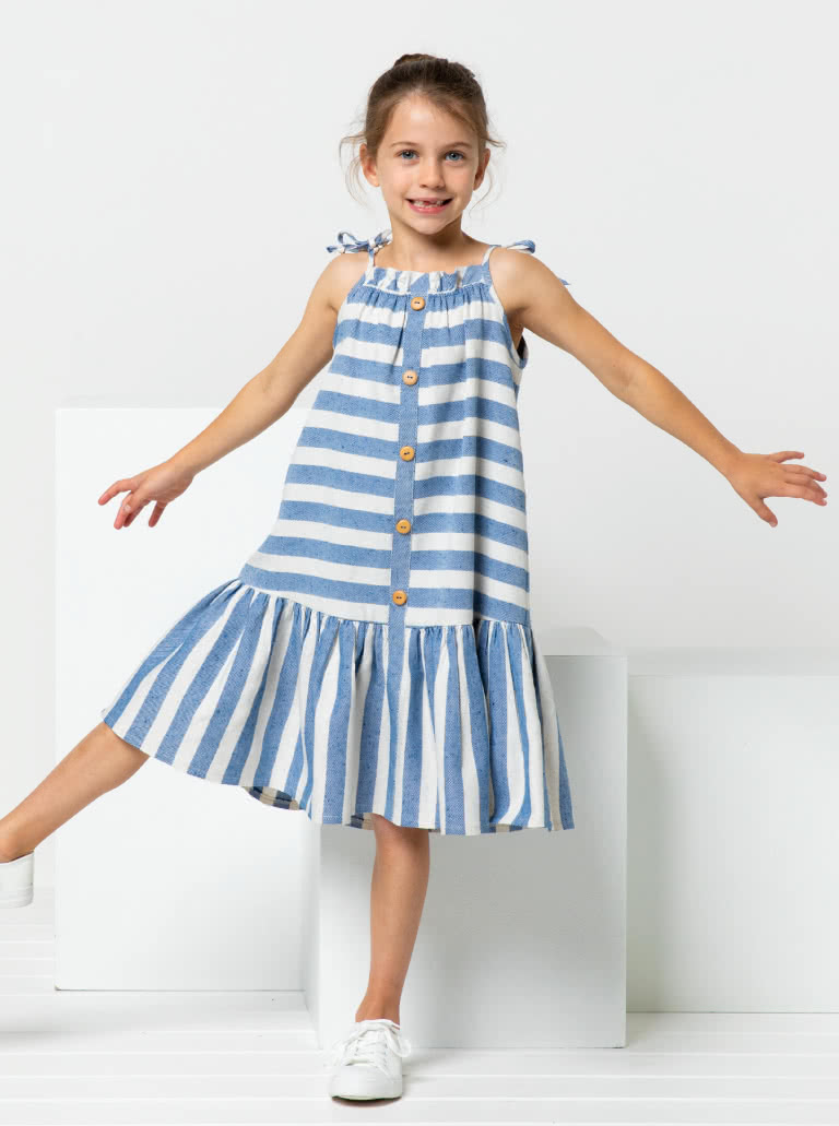 Claudia Kids Dress By Style Arc - A-line swing dress with spaghetti strap ties and hem frill, for kids 2-8