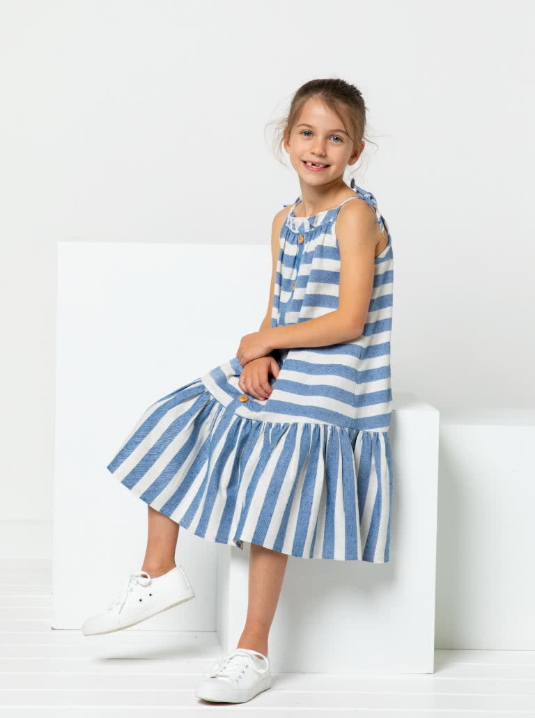 Claudia Kids Dress By Style Arc - A-line swing dress with spaghetti strap ties and hem frill, for kids 2-8