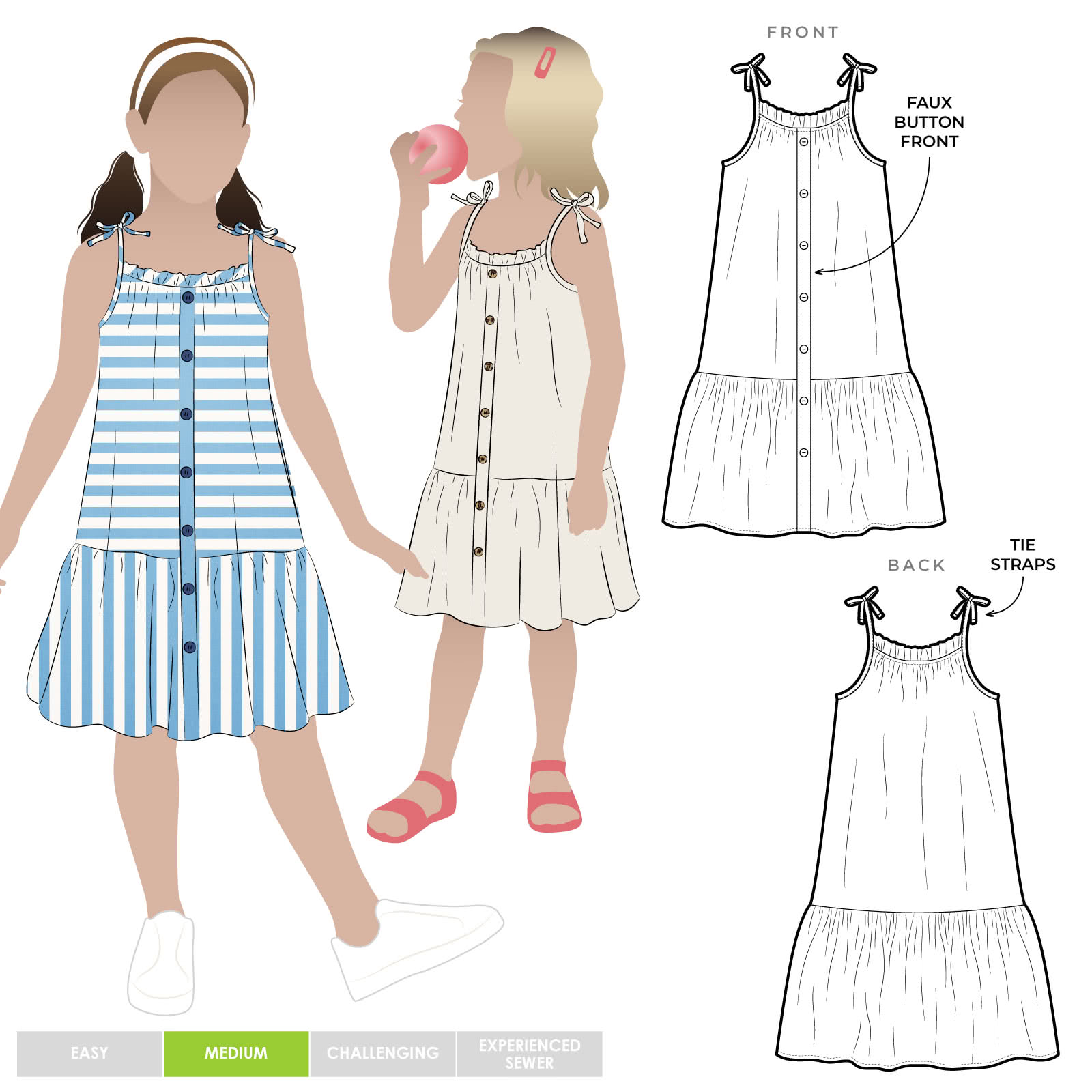 Claudia Kids Dress By Style Arc - A-line swing dress with spaghetti strap ties and hem frill, for kids 2-8