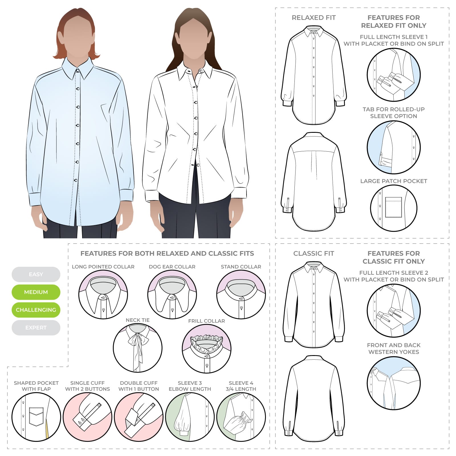 Clayton Woven Shirt Pack Clayton Woven Shirt Pack by Style Arc - Shirt with two body shape options - a "relaxed shape" shirt with a back yoke and optional collars, sleeves and pockets or a "classic fit" shirt with optional front and back yokes, sleeves, collars and pockets.
