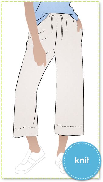 Como Knit Pant By Style Arc - The Como Knit Pant sewing pattern features wide legs, inseam pockets, and a fit that sits on the natural waist, with elastic waist and full or cropped length options.