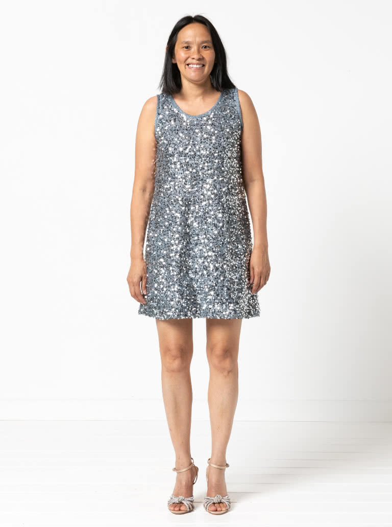 Kim Knit Dress Sewing Pattern By Style Arc - Slightly A-line sleeveless, ankle or knee length knit dress.