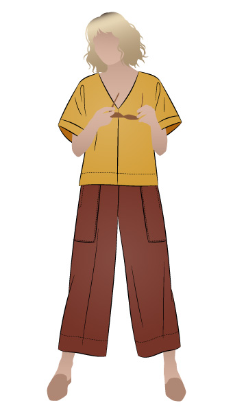 Darby And Joan Bundle By Style Arc - Square shaped top with extended shoulder line and "V" neck teamed with a 7/8th length wide leg pant with elastic waist and patch pockets.