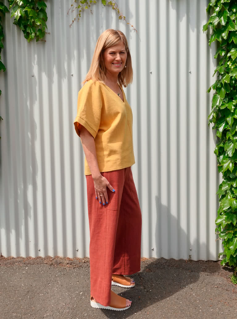 Darby Woven Pant By Style Arc - 7/8th length wide leg pant with elastic waist and patch pockets.