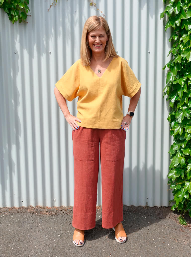 Darby Woven Pant By Style Arc - 7/8th length wide leg pant with elastic waist and patch pockets.