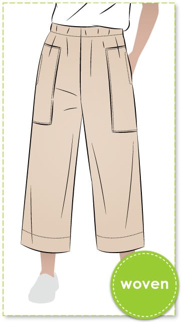 Darby Woven Pant By Style Arc - 7/8th length wide leg pant with elastic waist and patch pockets