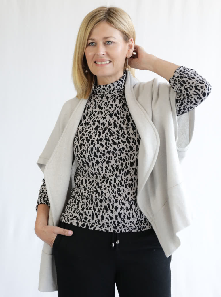 Debra Zebra Knit Top Sewing Pattern By Style Arc - Funnel neck skivvy featuring a slightly fitted body and long sleeves.