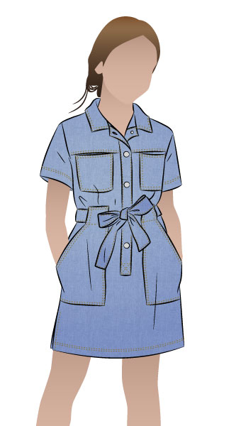 Demi Teens Dress By Style Arc - Panelled dress with front pockets, waistband tie and front button tab opening - a pattern for teens 8-16