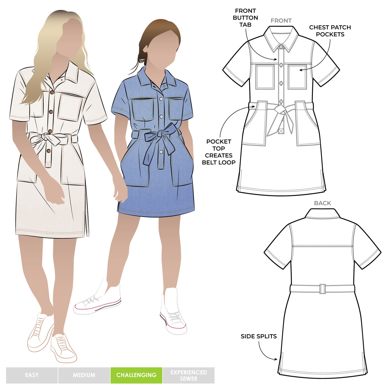 Demi Teens Dress By Style Arc - Panelled dress with front pockets, waistband tie and front button tab opening - a pattern for teens 8-16
