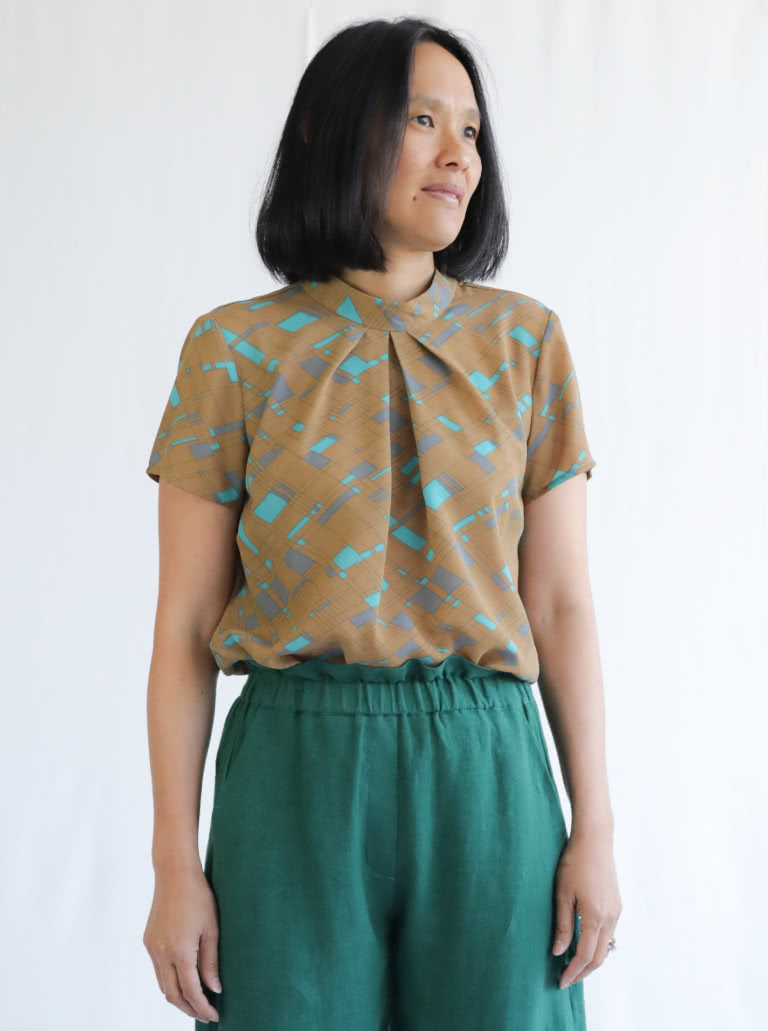 Dimity Woven Top Sewing Pattern By Style Arc - Unique woven top with tucks falling from stand collar