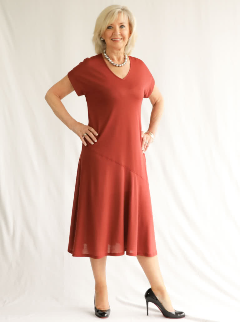 Doreen Knit Dress By Style Arc - "V" neck slip on dress with asymmetrical hip seam and extended shoulders.