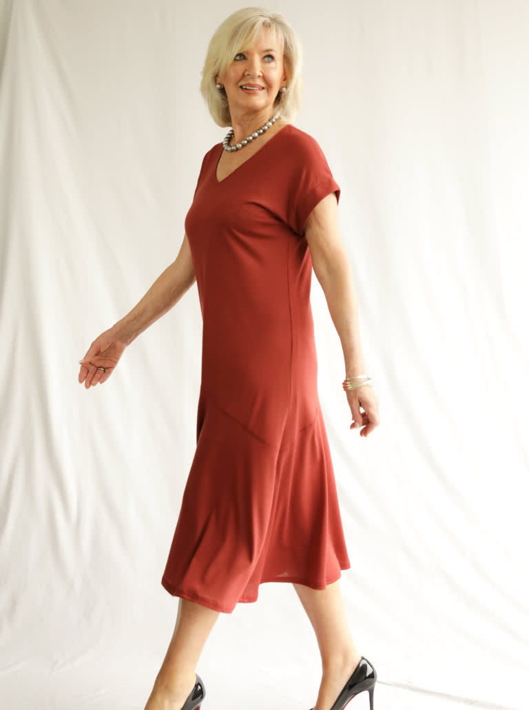 Doreen Knit Dress By Style Arc - "V" neck slip on dress with asymmetrical hip seam and extended shoulders.