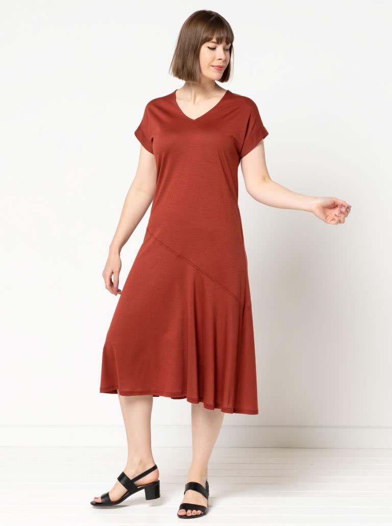 Doreen Knit Dress By Style Arc - "V" neck slip on dress with asymmetrical hip seam and extended shoulders.